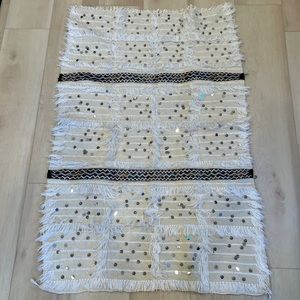 Small Moroccan wedding blanket - cream with black stripes, sequins
